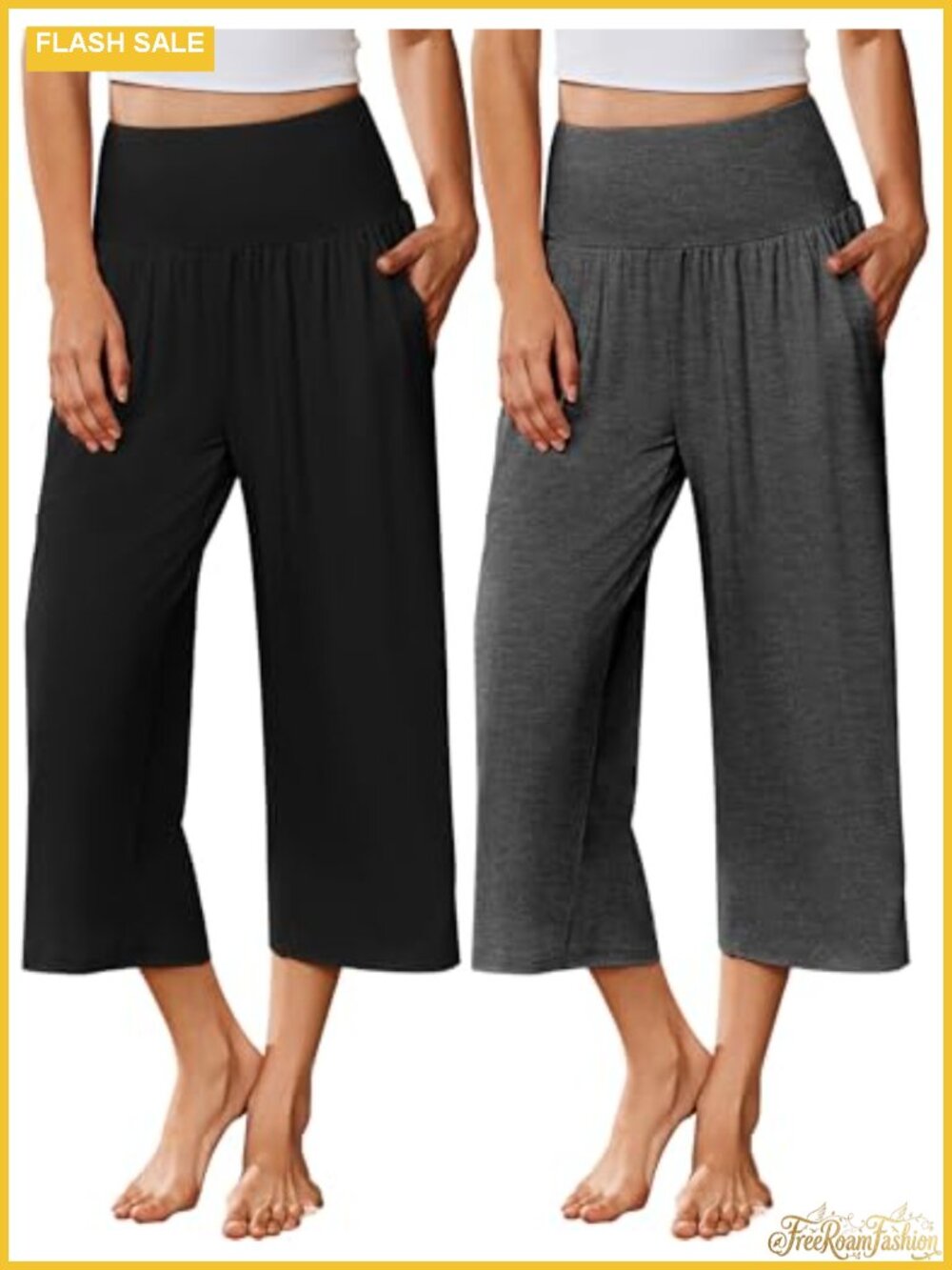2 Pack Women's Capri Pajama Pants Wide Leg Lounge Bottoms w/ Pockets